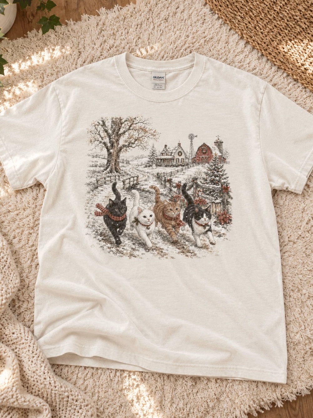 Vintage Christmas Cats Shirt, Winter Farmhouse Cottagecore Tee, Cute Kitten Tee